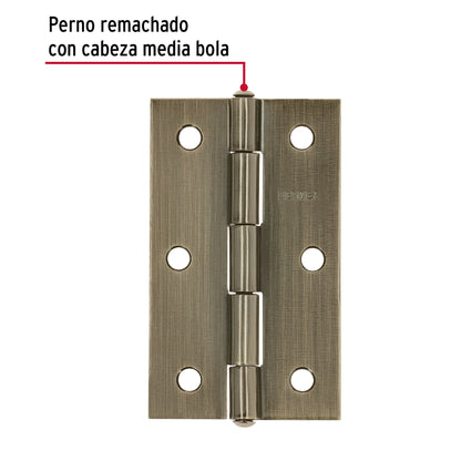 Bisagra rectangular 3-1/2' latón antiguo, Hermex BR-352 46914 MM00