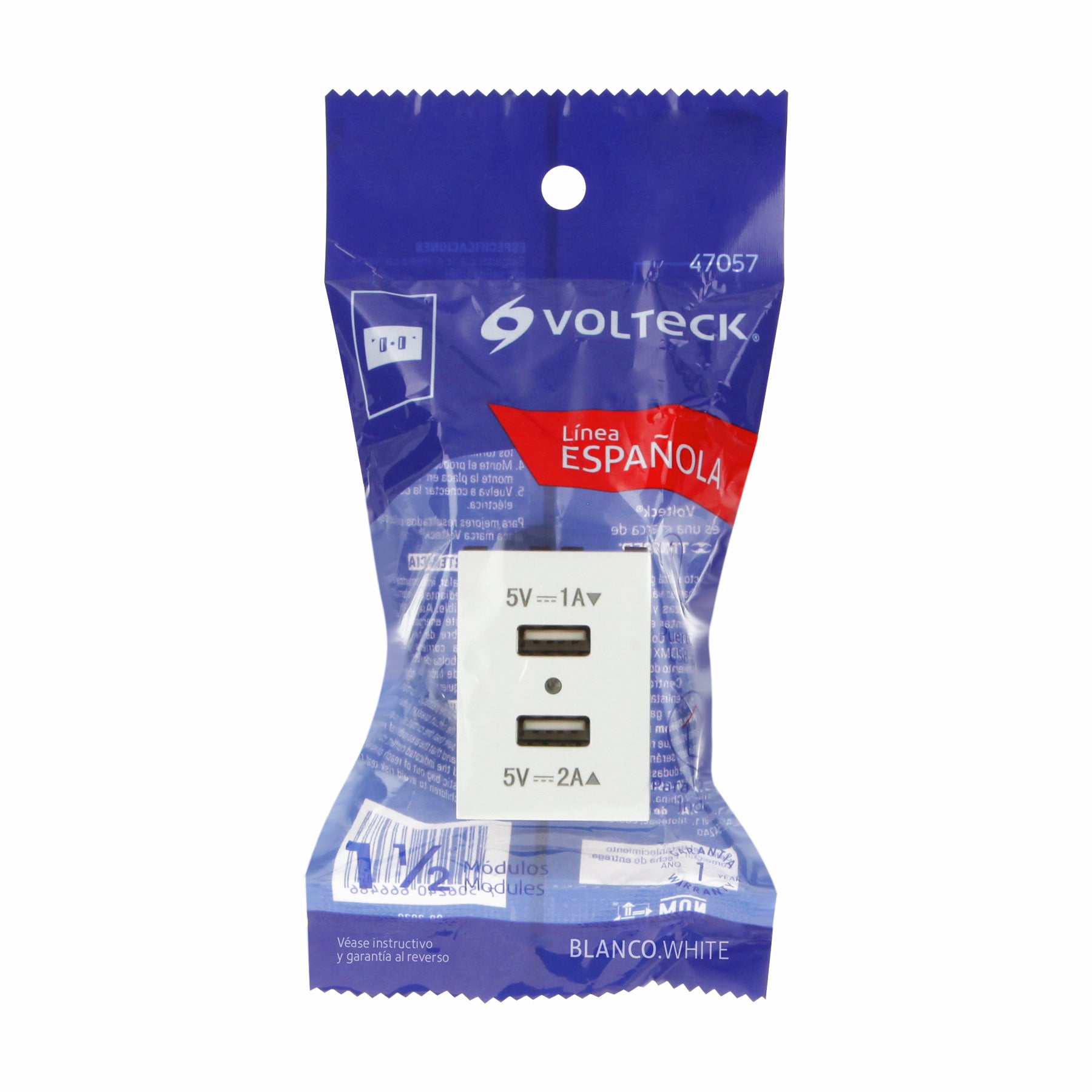 Toma con 2 puertos USB, 1.5 módulos, línea Española, blanco C2USB-EB 47057 MM00