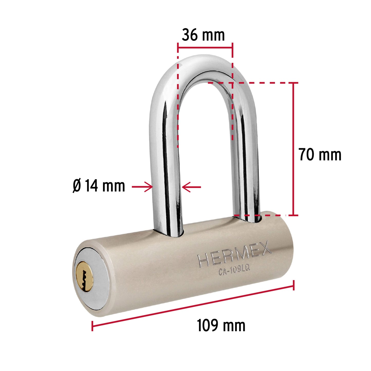 Candado de acero, 109mm, gancho largo, llave de puntos CA-109LQ 43366 MM0