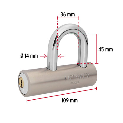 Candado de acero, 109mm, gancho corto, llave de puntos CA-109Q 43365 MM0