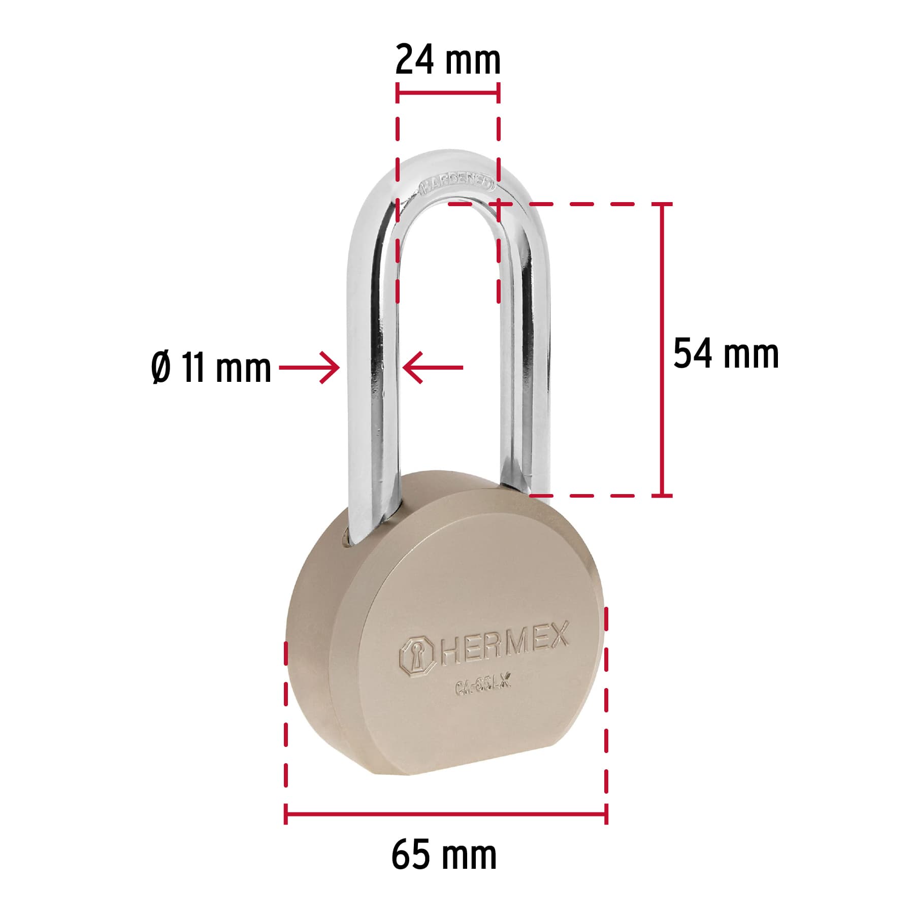 Candado redondo, 65mm, gancho largo, llave tetra, blister CA-65LX 43339 MM0