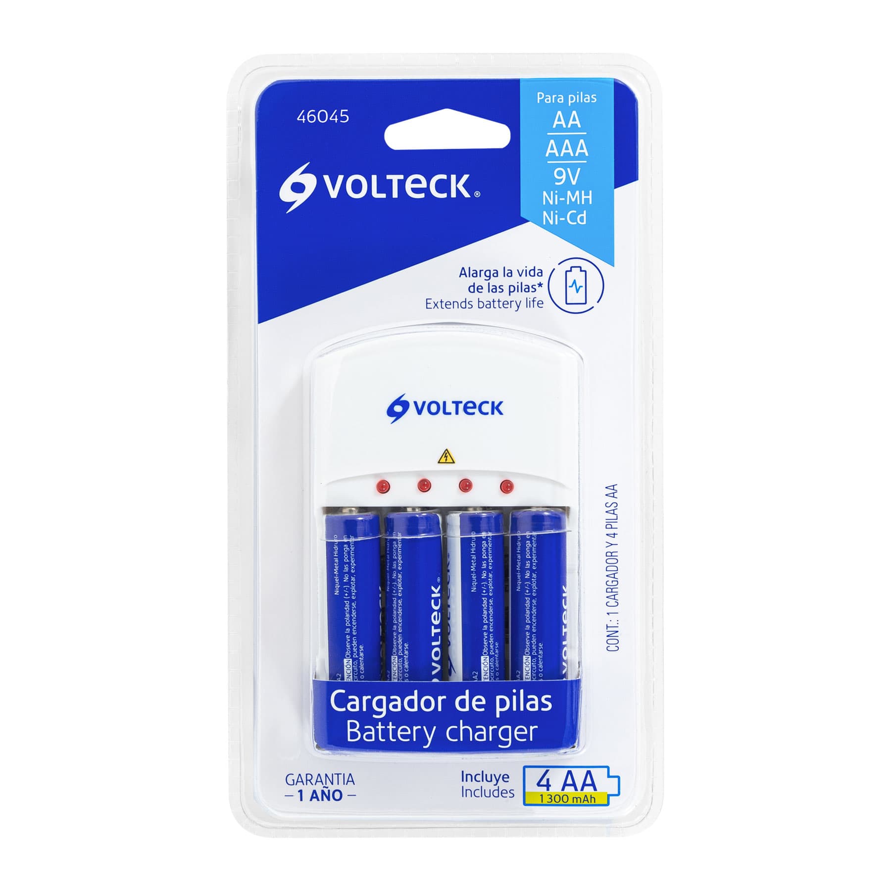 Cargador de pilas, AA, AAA y 9V, incluye 4 pilas AA, Volteck CA-RE-9 46045 MM00