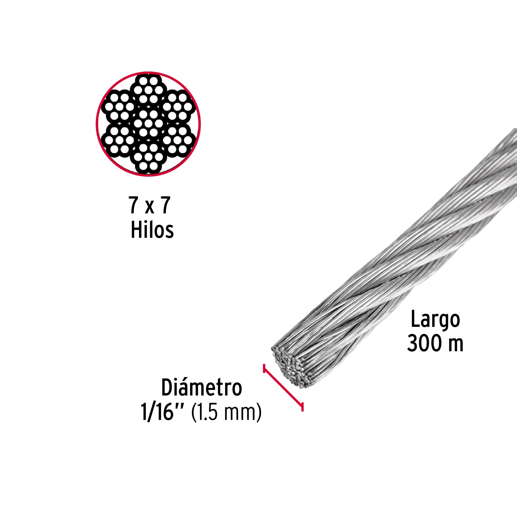 Metro de cable rígido 1/16' de acero 7x7 hilos, 300 m, Fiero CAB-1/16R3 48795 MM00