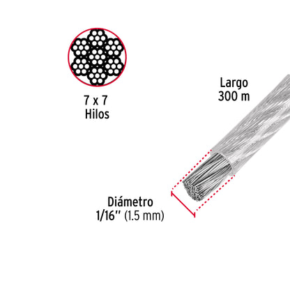 Metro de cable rígido 1/16' acero 7x7 recubierto PVC, 300 m CAB-1/16RX3 48804 MM00