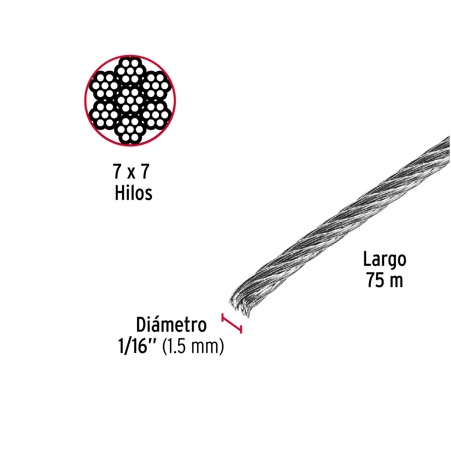 Metro de cable rígido 1/16' de acero 7x7 hilos, 75 m, Fiero CAB-1/16R 44208 MM00