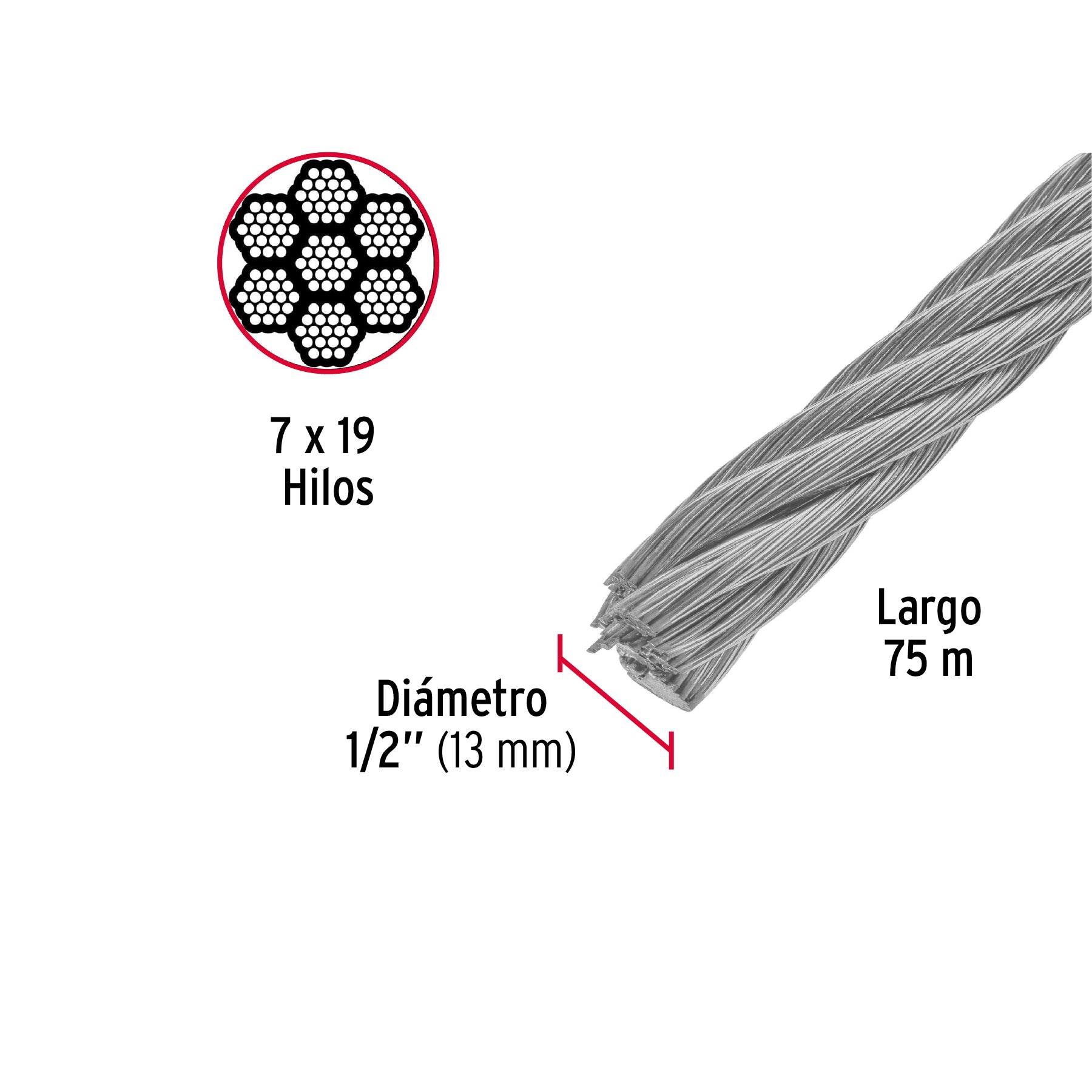 Metro de cable flexible 1/2' de acero 7x19 hilos, 75 m CAB-1/2F 48819 MM00