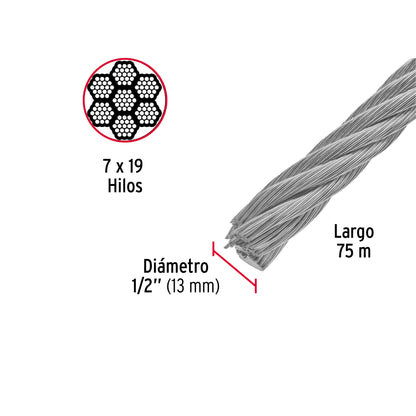 Metro de cable flexible 1/2' de acero 7x19 hilos, 75 m CAB-1/2F 48819 MM00