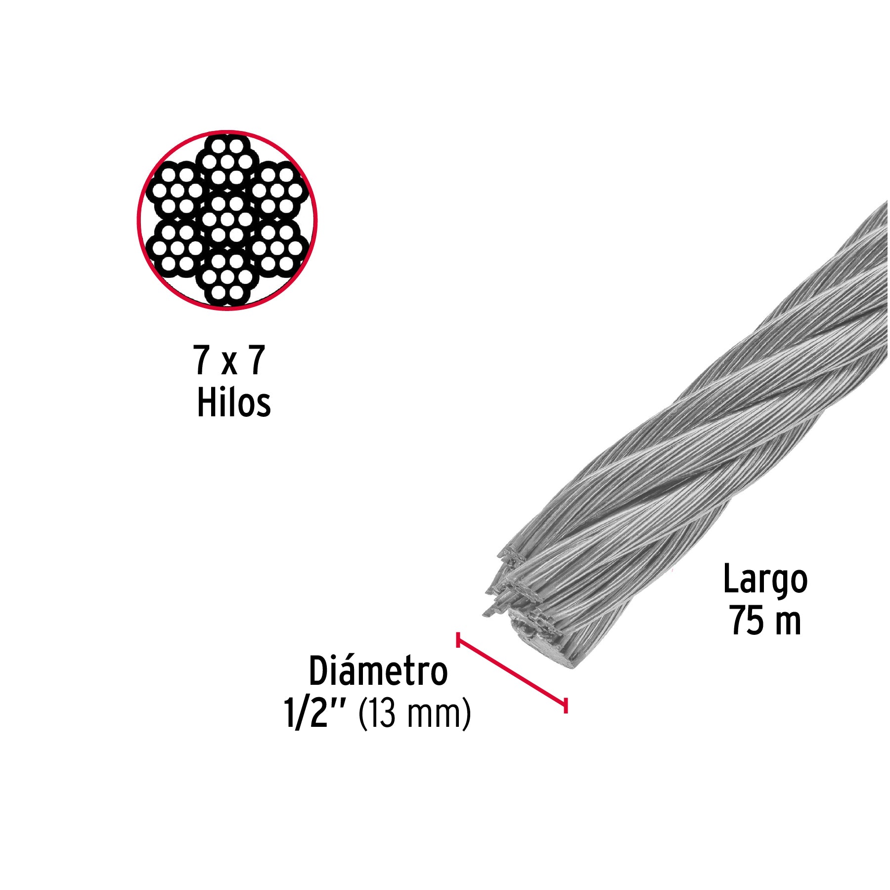 Metro de cable rígido 1/2' de acero 7x7 hilos, 75 m, Fiero CAB-1/2R 48815 MM00