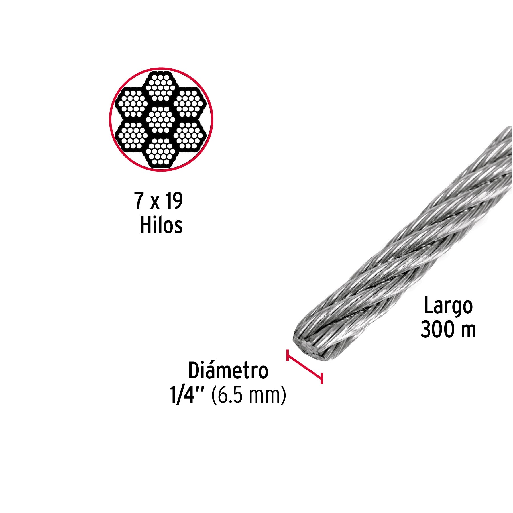 Metro de cable flexible 1/4' de acero 7x19 hilos, 300 m CAB-1/4F3 48803 MM00