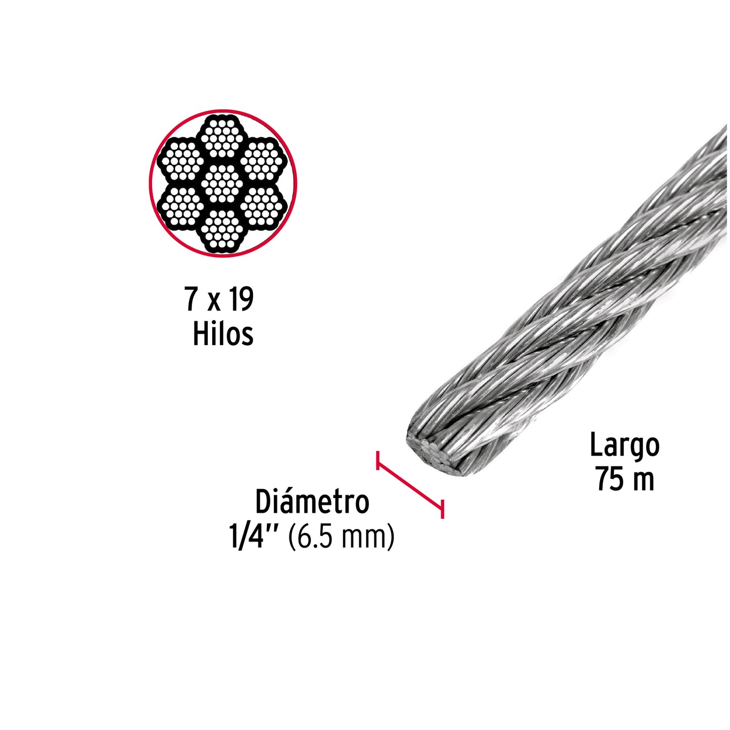 Metro de cable flexible 1/4' de acero 7x19 hilos, 75 m CAB-1/4F 44213 MM00