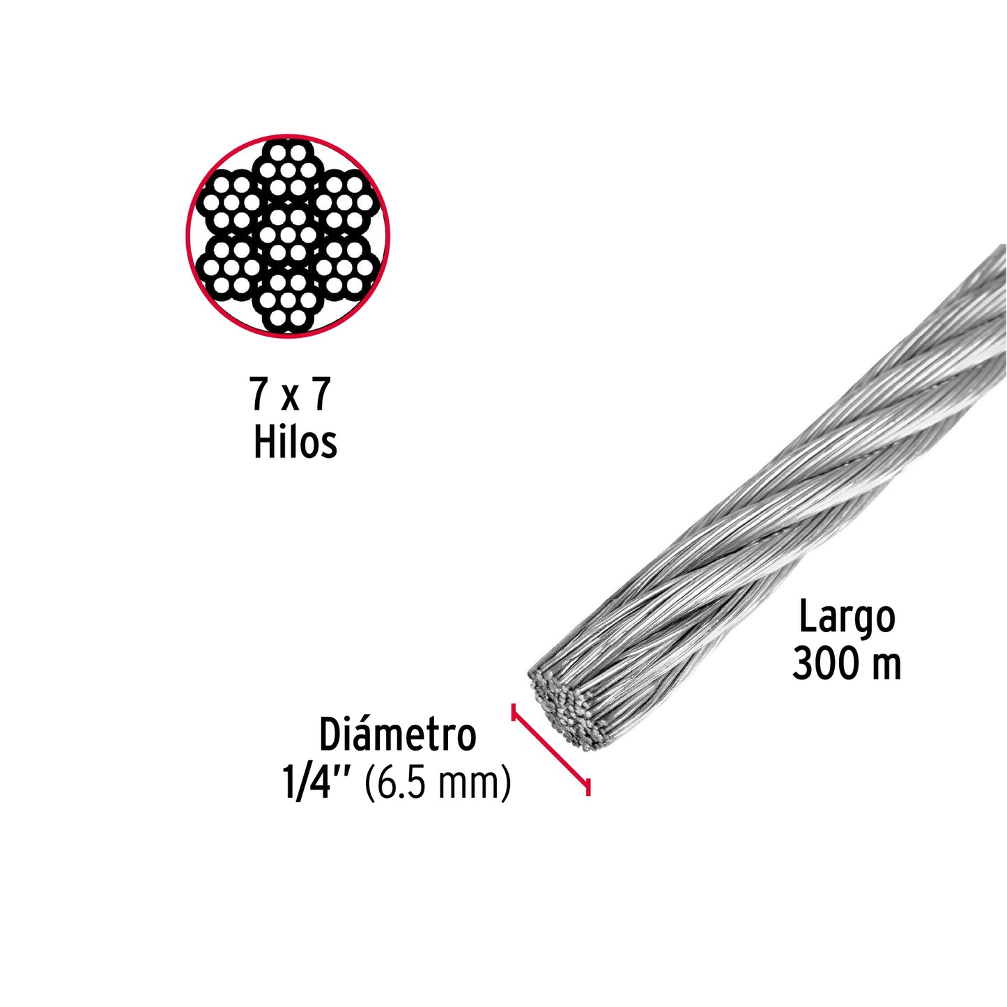 Metro de cable rígido 1/4' de acero 7x7 hilos, 300 m, Fiero CAB-1/4R3 48799 MM00