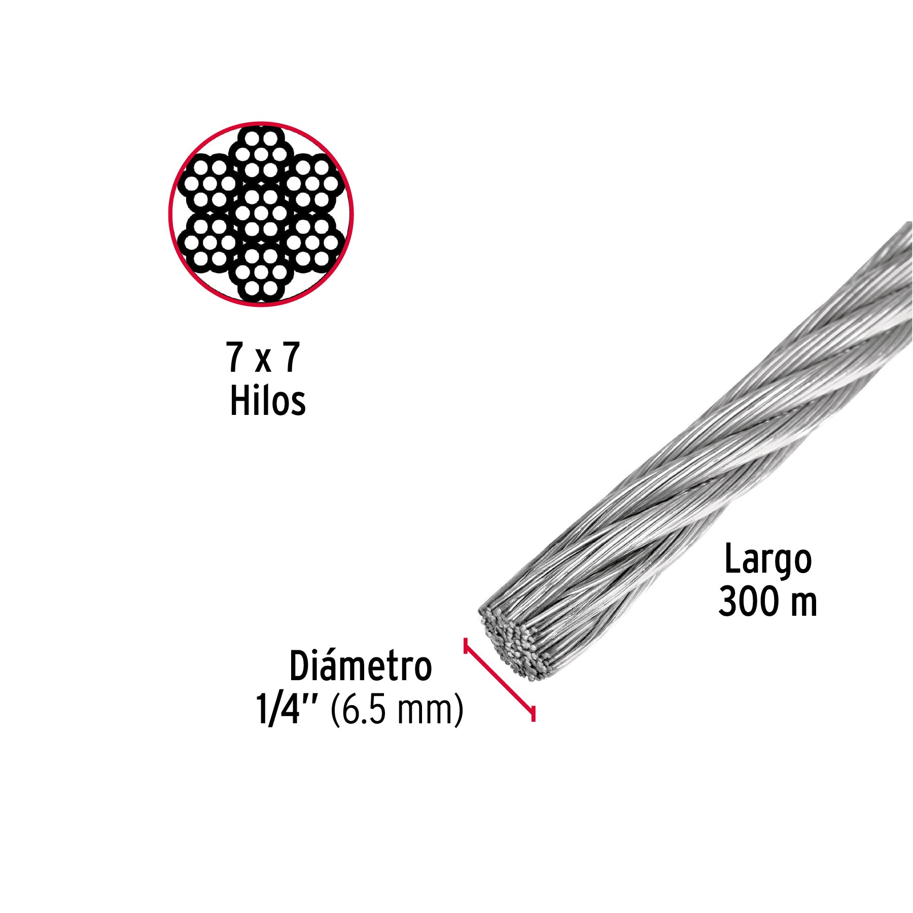 Metro de cable rígido 1/4' de acero 7x7 hilos, 300 m, Fiero CAB-1/4R3 48799 MM00