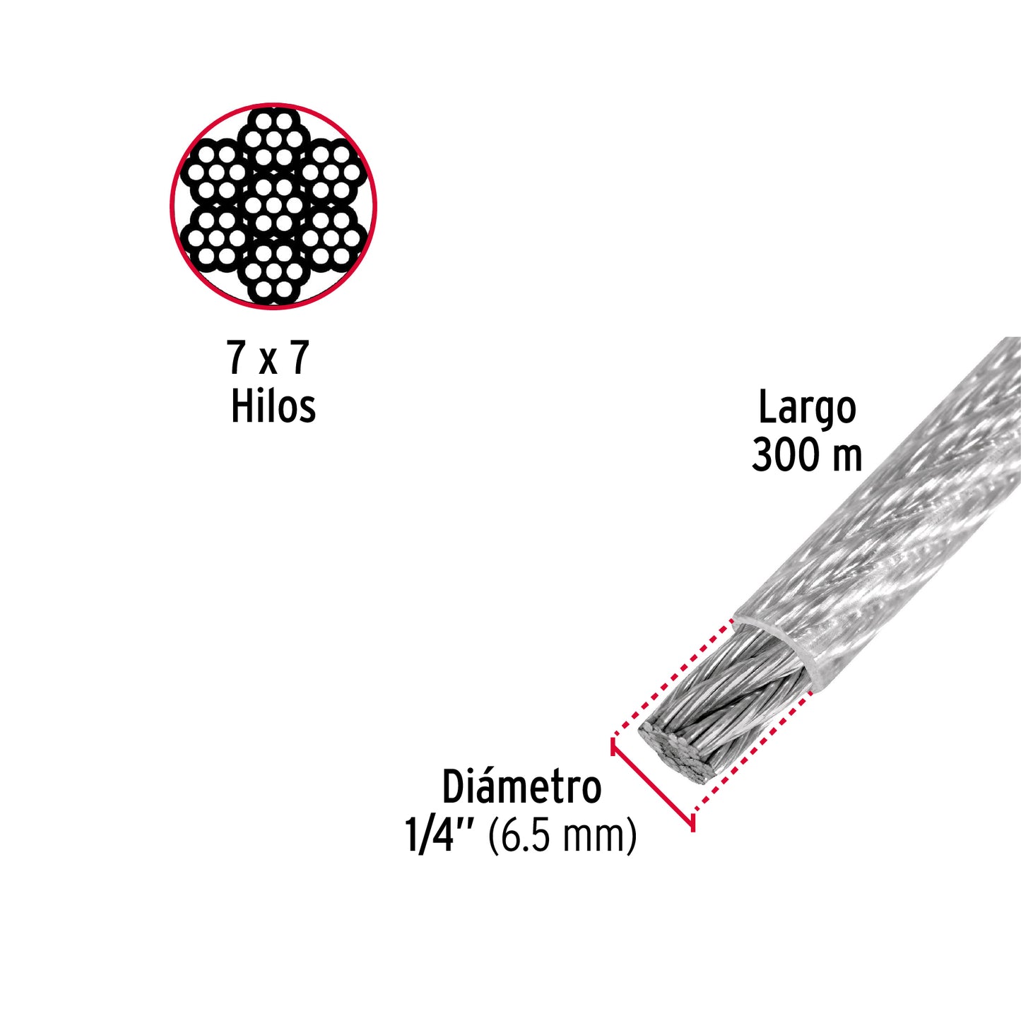 Metro de cable rígido 1/4' acero 7x7 recubierto PVC, 300 m CAB-1/4RX3 48808 MM00