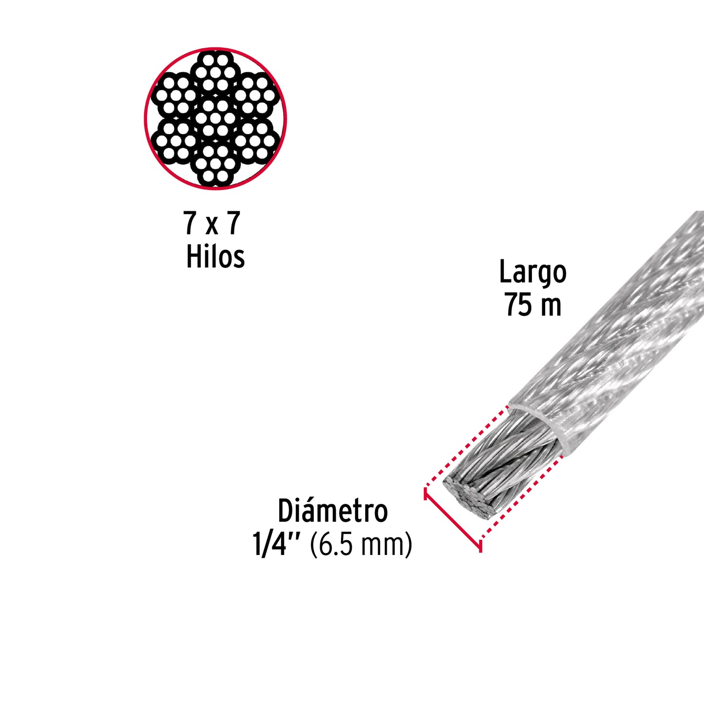 Metro de cable rígido 1/4' acero 7x7 recubierto PVC, 75 m CAB-1/4RX 44218 MM00