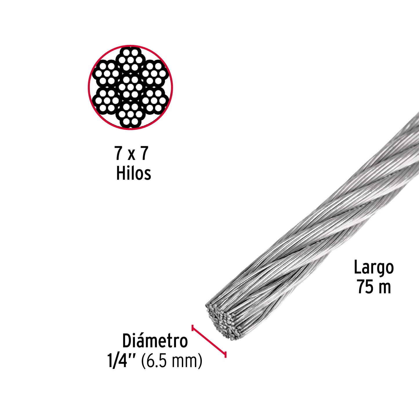 Metro de cable rígido 1/4' de acero 7x7 hilos, 75 m, Fiero CAB-1/4R 44207 MM00