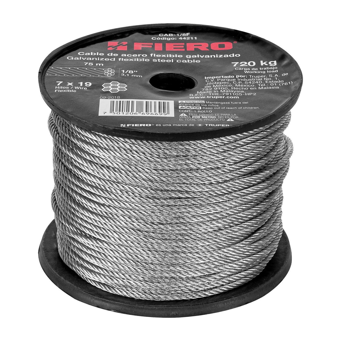 Metro de cable flexible 1/8' de acero 7x19 hilos, 75 m CAB-1/8F 44211 MM00