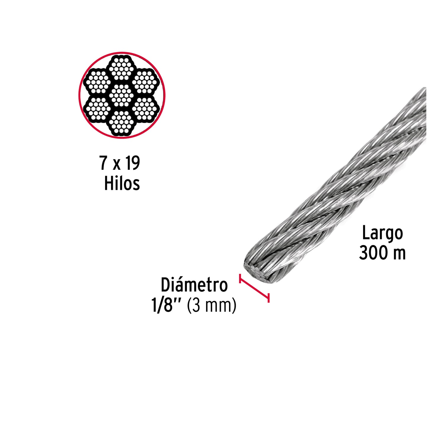 Metro de cable flexible 1/8' de acero 7x19 hilos, 300 m CAB-1/8F3 48801 MM00