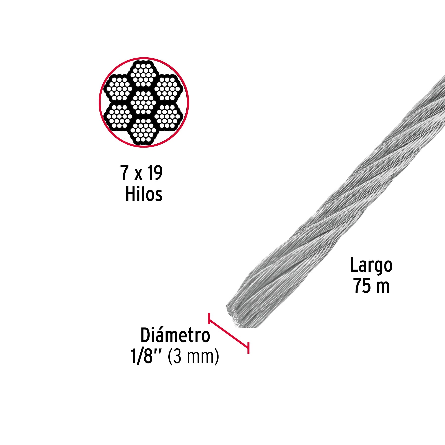 Metro de cable flexible 1/8' de acero 7x19 hilos, 75 m CAB-1/8F 44211 MM00