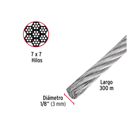 Metro de cable rígido 1/8' de acero 7x7 hilos, 300 m, Fiero CAB-1/8R3 48797 MM00