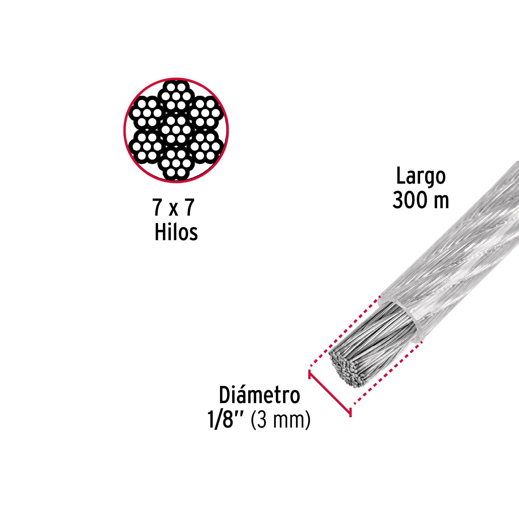 Metro de cable rígido 1/8' acero 7x7 recubierto PVC, 300 m CAB-1/8RX3 48806 MM00