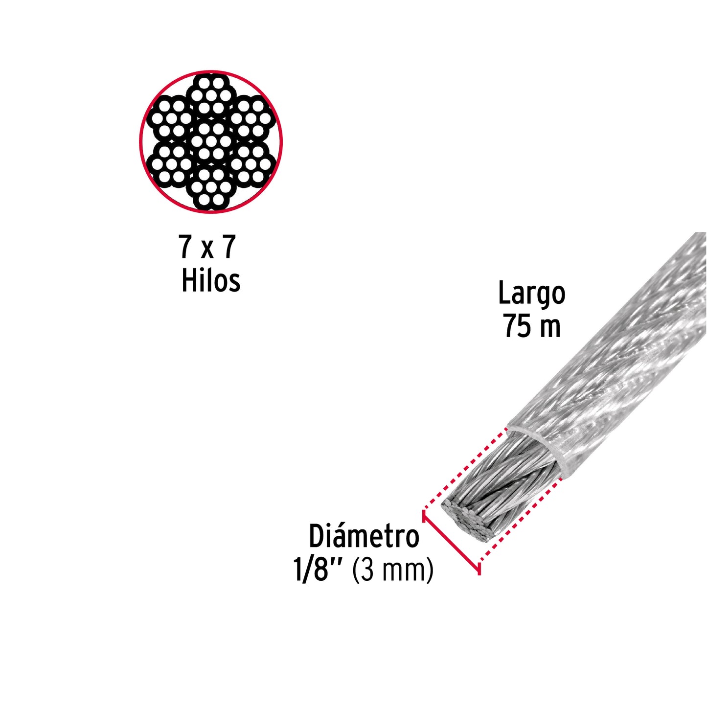 Metro de cable rígido 1/8' acero 7x7 recubierto PVC, 75 m CAB-1/8RX 44219 MM00