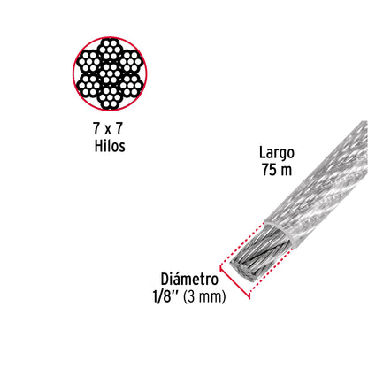 Metro de cable rígido 1/8' acero 7x7 recubierto PVC, 75 m CAB-1/8RX 44219 MM00