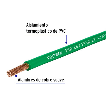 Carrete con 10 m de cable THHW-LS 10 AWG verde, Volteck CAB-10V-10 40251 MM1