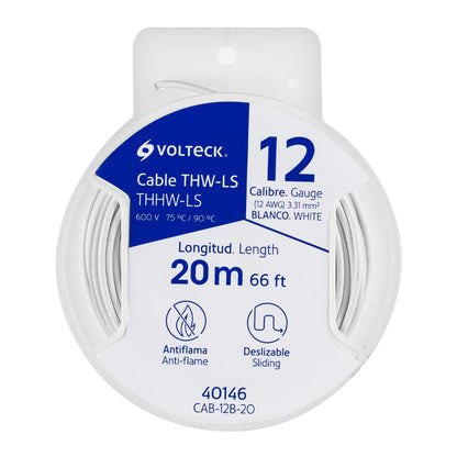 Carrete con 20 m de cable THHW-LS 12 AWG blanco, Volteck CAB-12B-20 40146 MM1