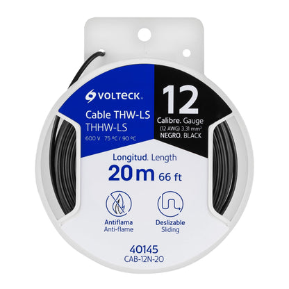 Carrete con 20 m de cable THHW-LS 12 AWG negro, Volteck CAB-12N-20 40145 MM1