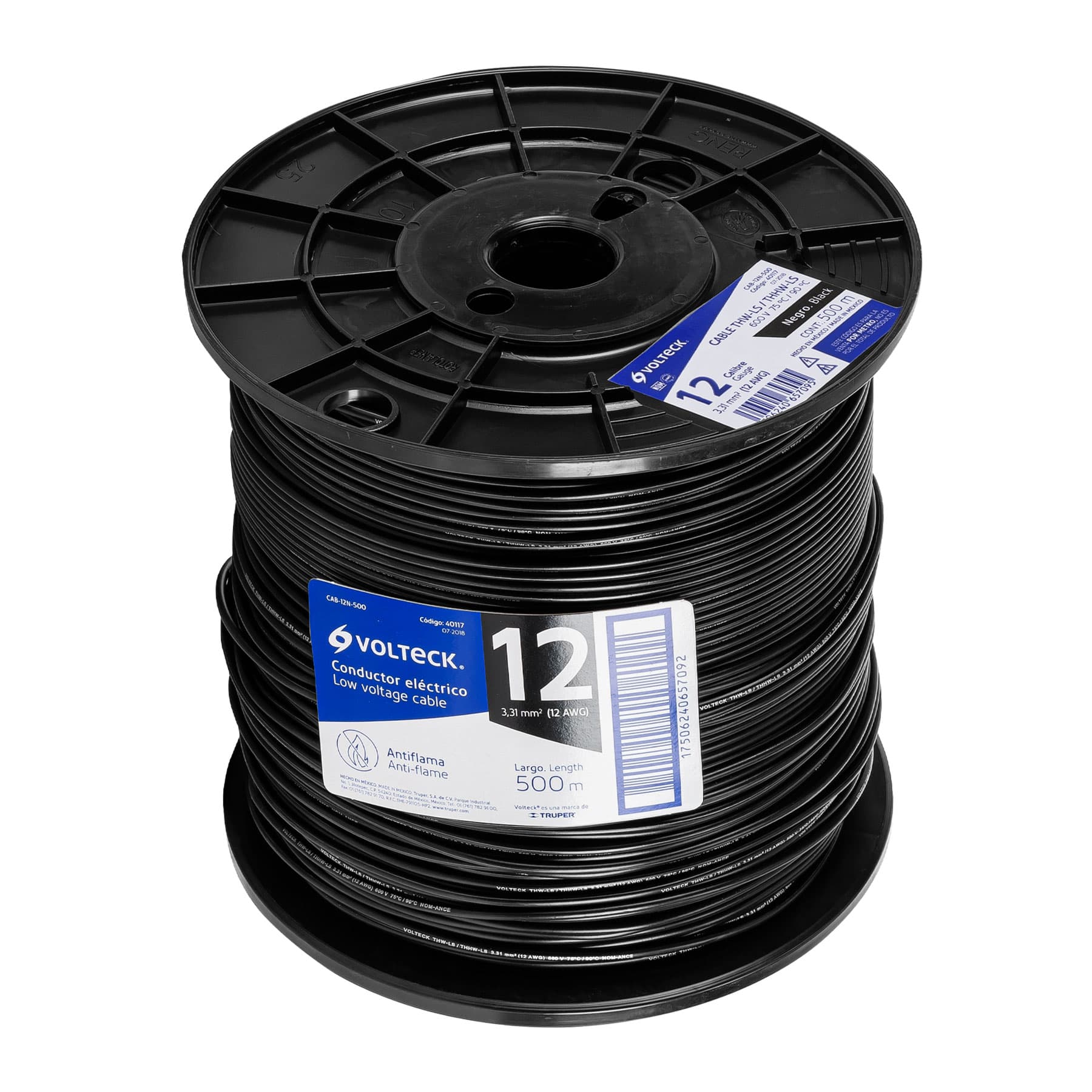 Metro de cable THHW-LS 12 AWG negro en carrete de 500 m CAB-12N-500 40117 MM2