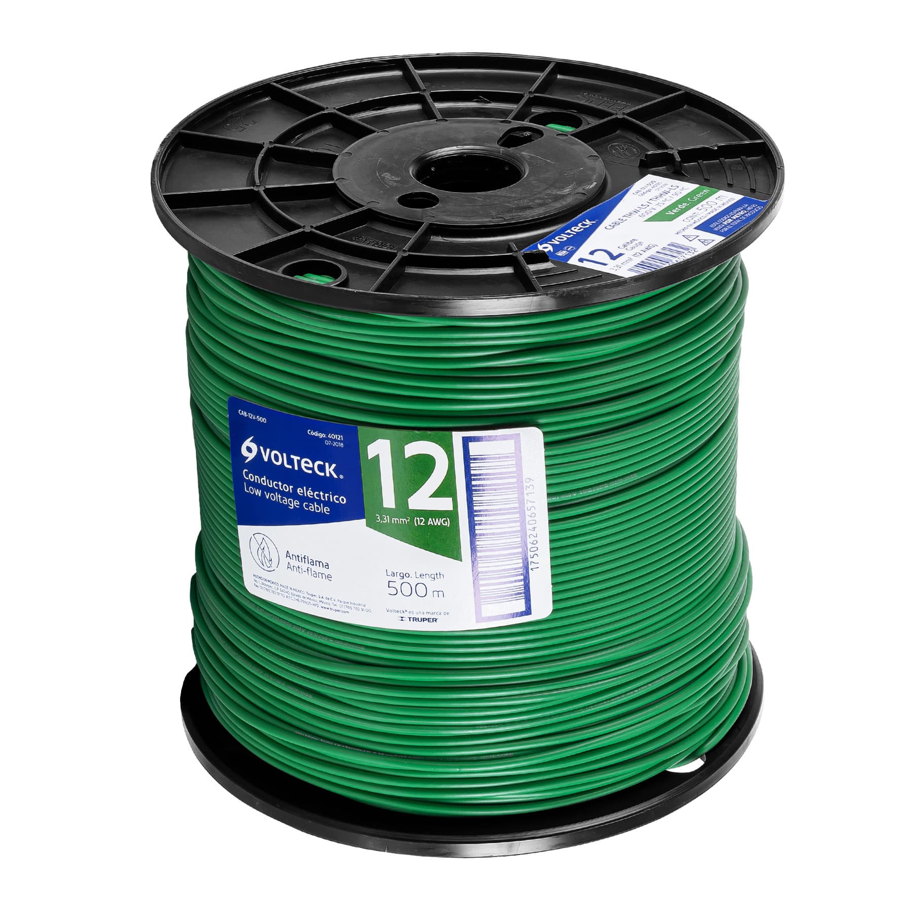 Metro de cable THHW-LS 12 AWG verde en carrete de 500 m CAB-12V-500 40121 MM2