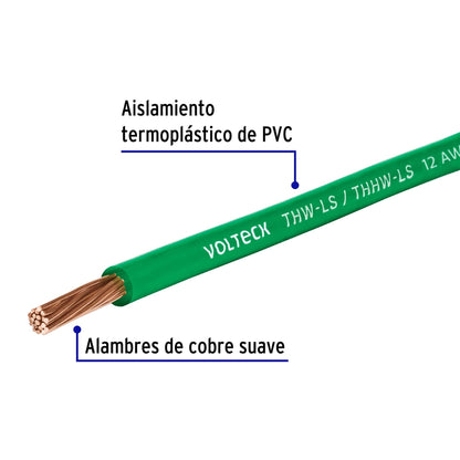 Rollo de 100 m de cable THHW-LS 12 AWG verde, Volteck CAB-12V 46064 MM2