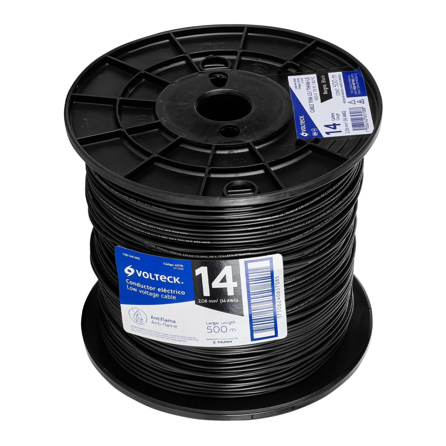 Metro de cable THHW-LS 14 AWG negro en carrete de 500 m CAB-14N-500 40116 MM2