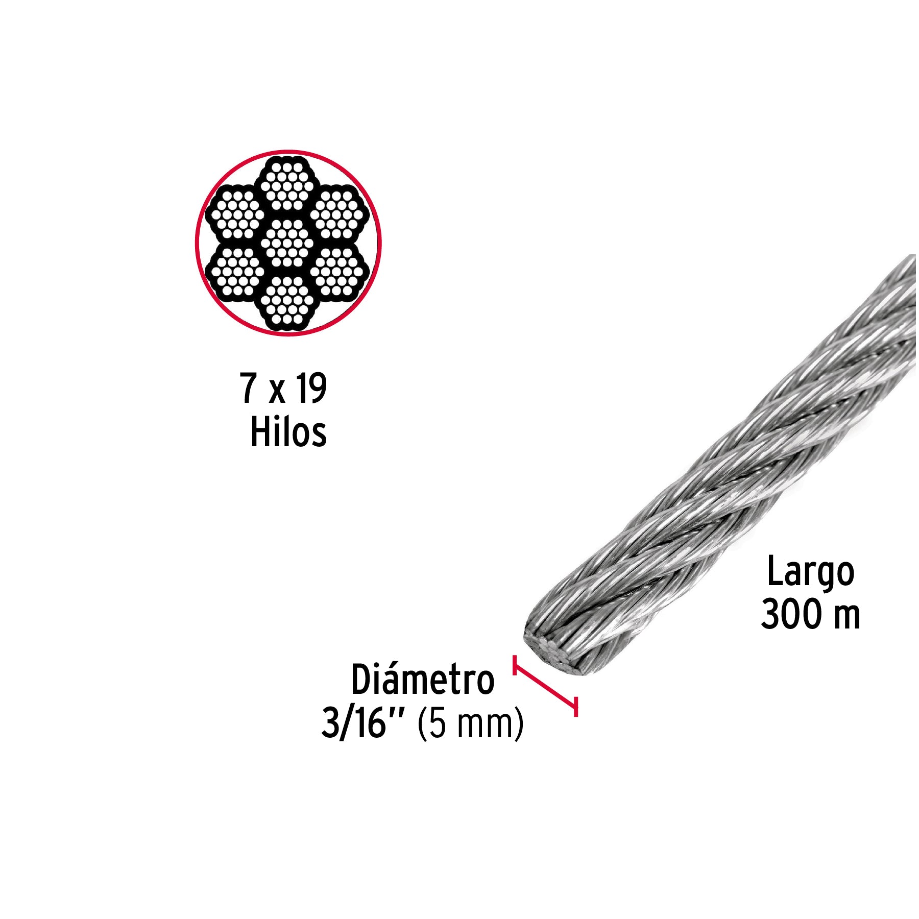 Metro de cable flexible 3/16' de acero 7x19 hilos, 300 m CAB-3/16F3 48802 MM00