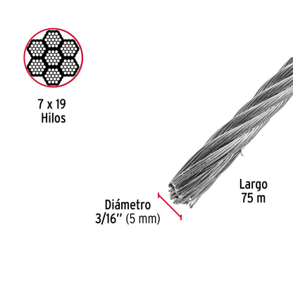 Metro de cable flexible 3/16' de acero 7x19 hilos, 75 m CAB-3/16F 44212 MM00