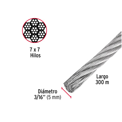 Metro de cable rígido 3/16' de acero 7x7 hilos, 300 m, Fiero CAB-3/16R3 48798 MM00