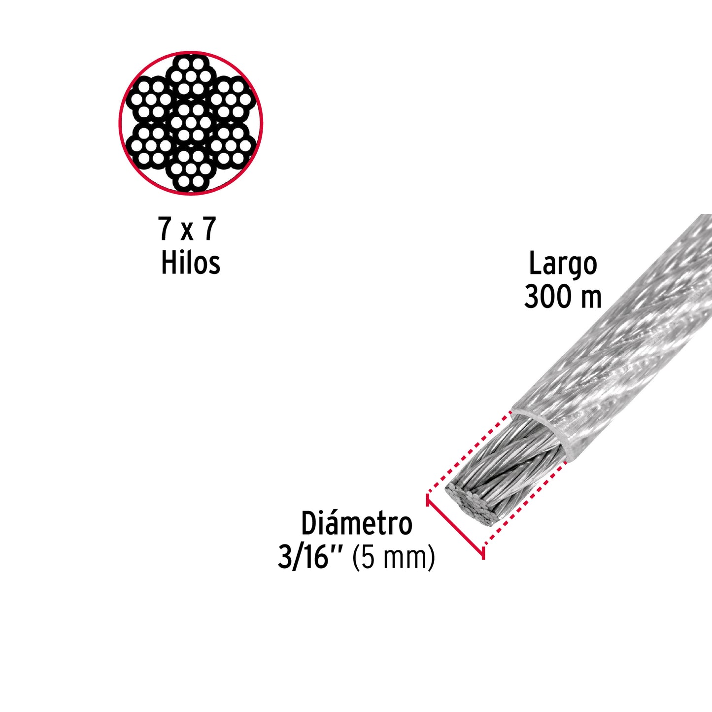 Metro de cable rígido 3/16' acero 7x7 recubierto PVC, 300 m CAB-3/16RX3 48807 MM00