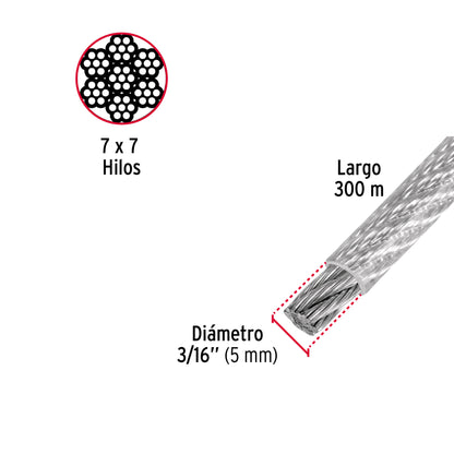 Metro de cable rígido 3/16' acero 7x7 recubierto PVC, 300 m CAB-3/16RX3 48807 MM00