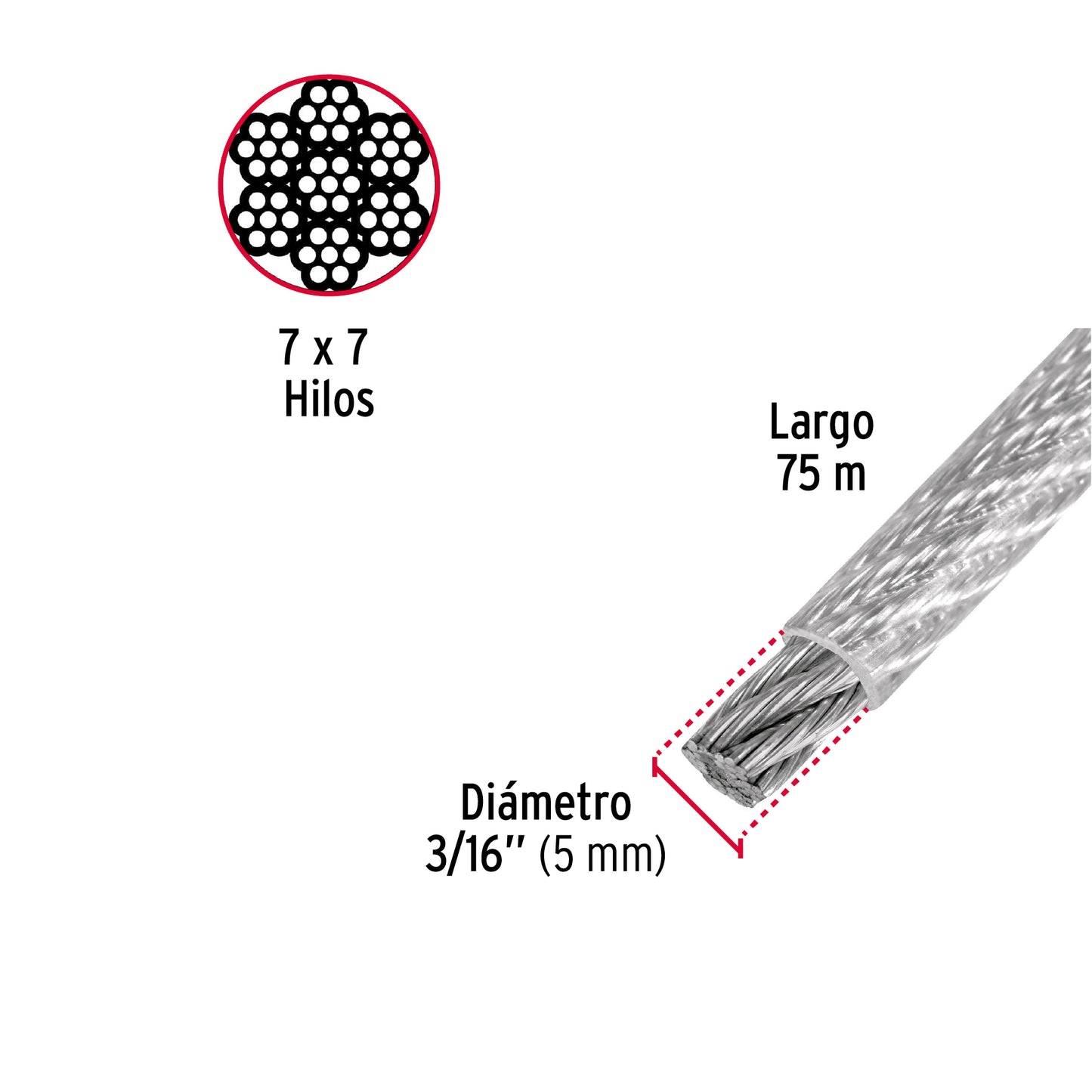 Metro de cable rígido 3/16' acero 7x7 recubierto PVC, 75 m CAB-3/16RX 44217 MM00