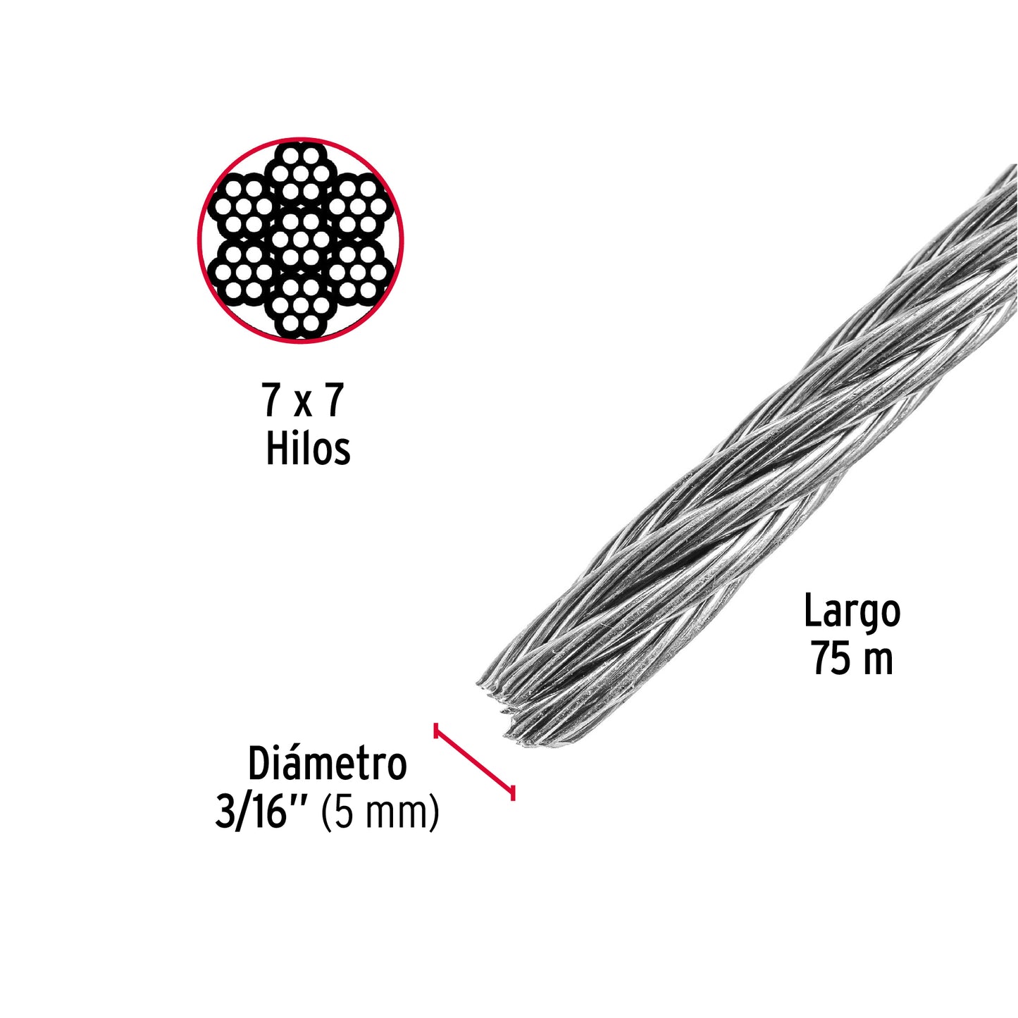 Metro de cable rígido 3/16' de acero 7x7 hilos, 75 m, Fiero CAB-3/16R 44206 MM00