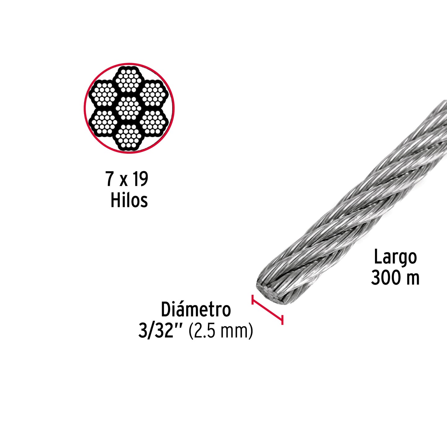 Metro de cable flexible 3/32' de acero 7x19 hilos, 300 m CAB-3/32F3 48800 MM00