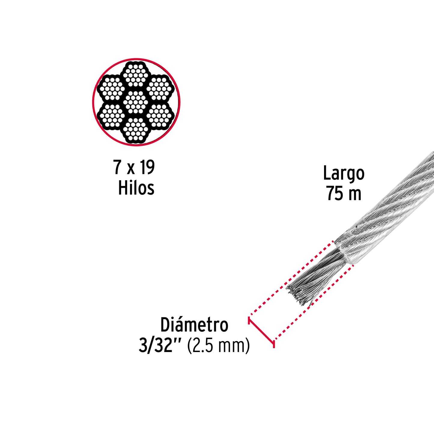 Metro cable flexible 3/32' acero 7x19 recubierto PVC, 75 m CAB-3/32FX 44226 MM00