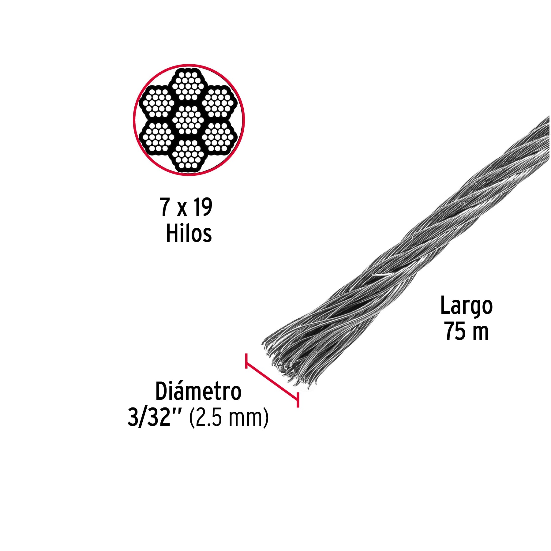 Metro de cable flexible 3/32' de acero 7x19 hilos, 75 m CAB-3/32F 44214 MM00