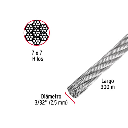 Metro de cable rígido 3/32' de acero 7x7 hilos, 300 m, Fiero CAB-3/32R3 48796 MM00