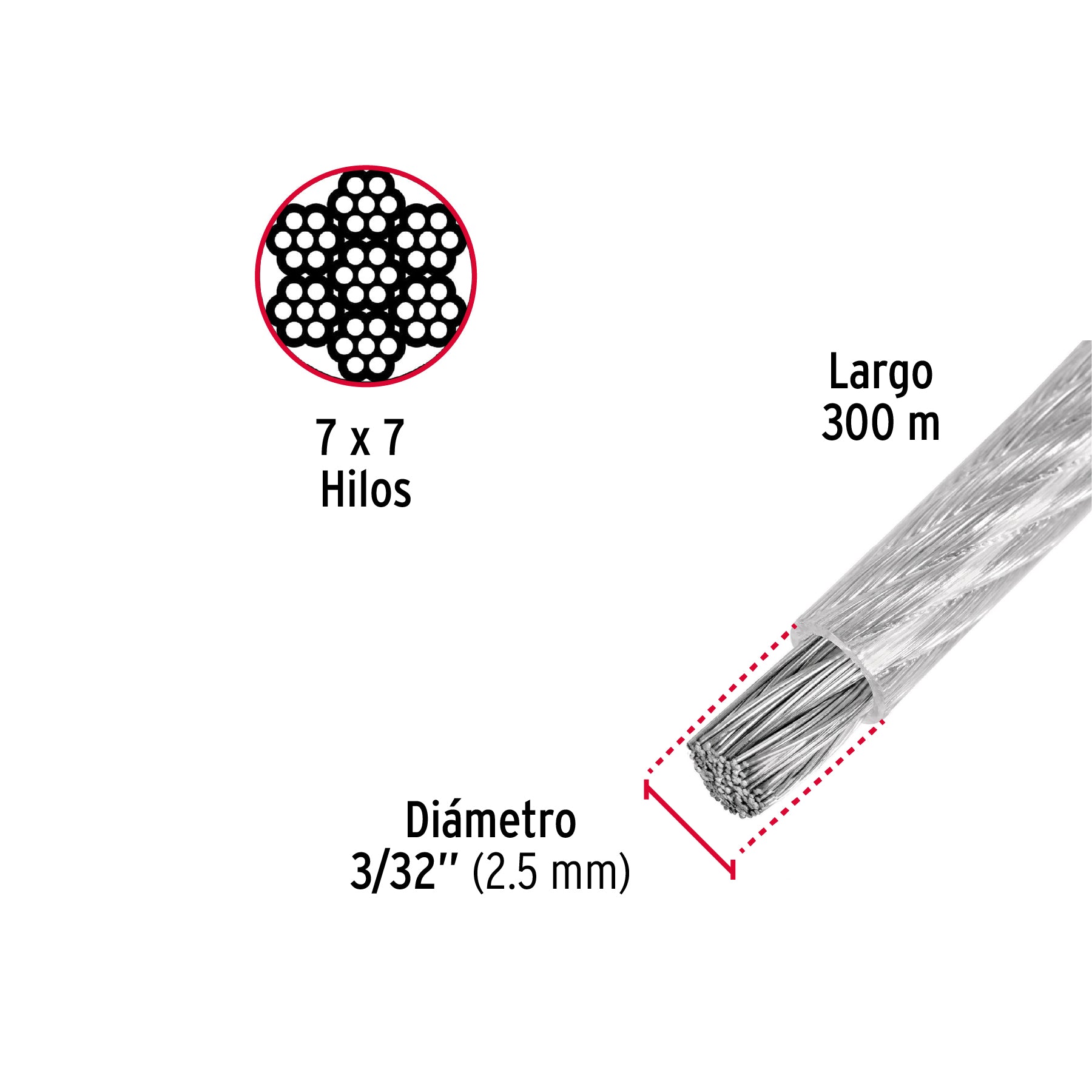 Metro de cable rígido 3/32' acero 7x7 recubierto PVC, 300 m CAB-3/32RX3 48805 MM00