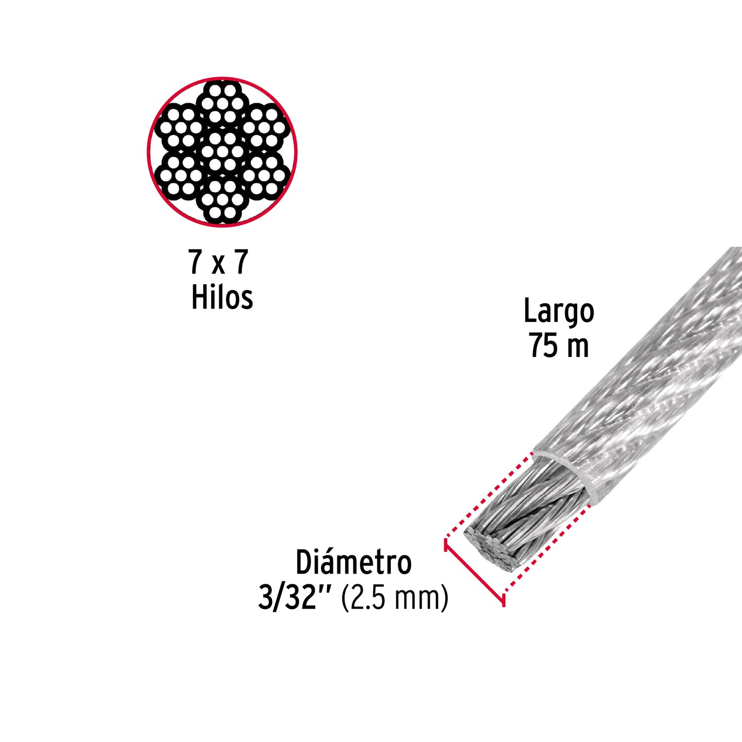 Metro de cable rígido 3/32' acero 7x7 recubierto PVC, 75 m CAB-3/32RX 44221 MM00