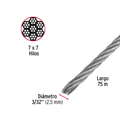 Metro de cable rígido 3/32' de acero 7x7 hilos, 75 m, Fiero CAB-3/32R 44209 MM00