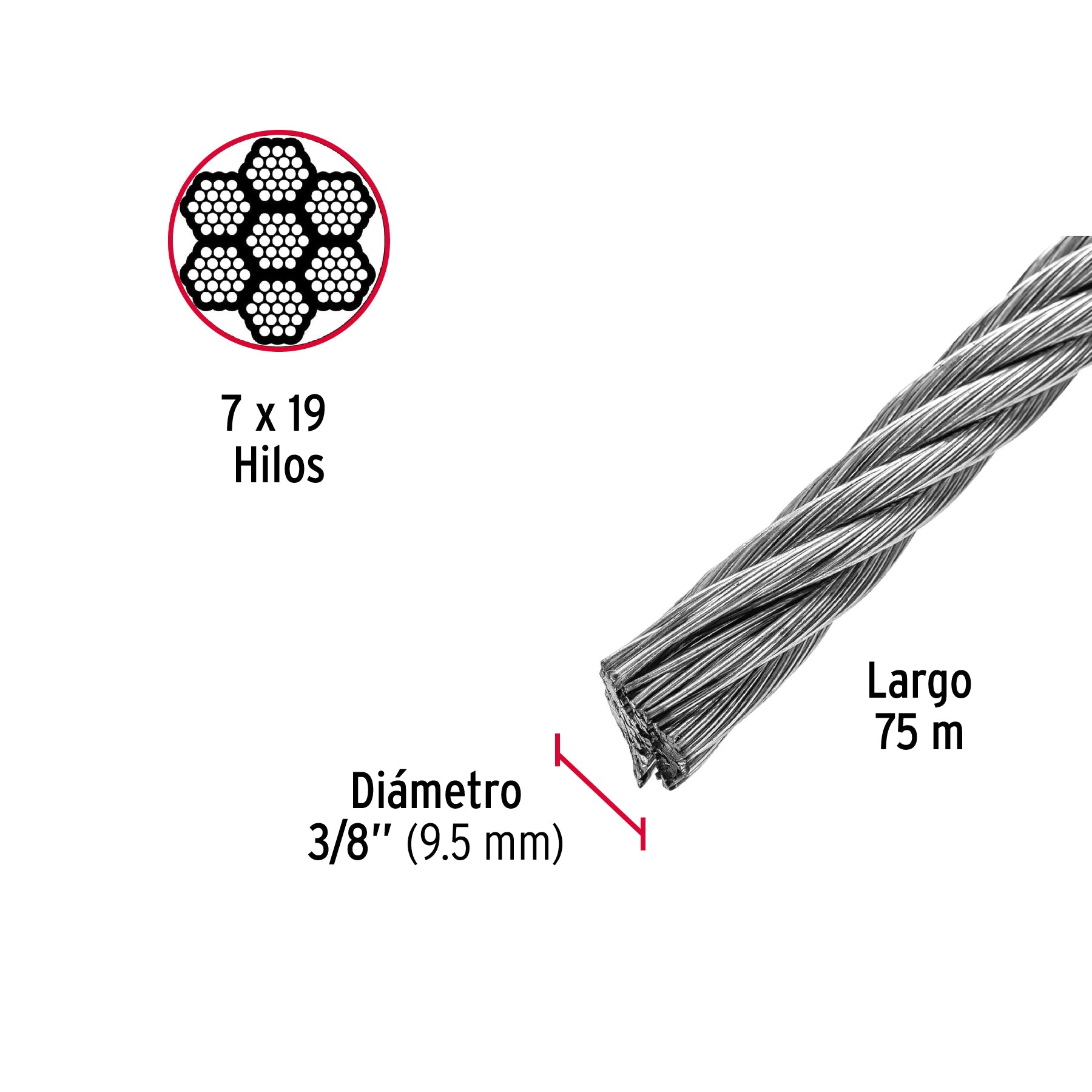 Metro de cable flexible 3/8' de acero 7x19 hilos, 75 m CAB-3/8F 48817 MM00