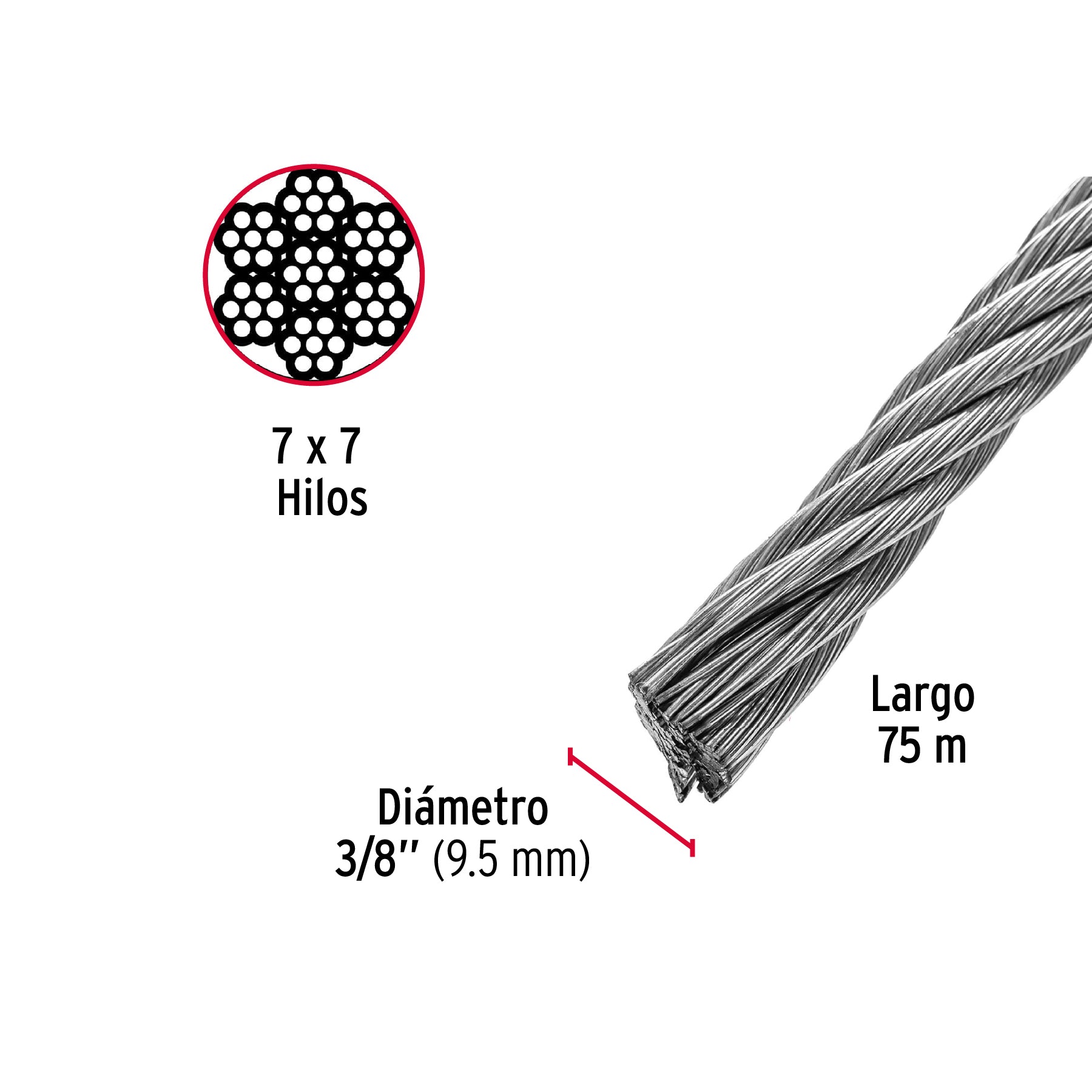 Metro de cable rígido 3/8' de acero 7x7 hilos, 75 m, Fiero CAB-3/8R 48814 MM00