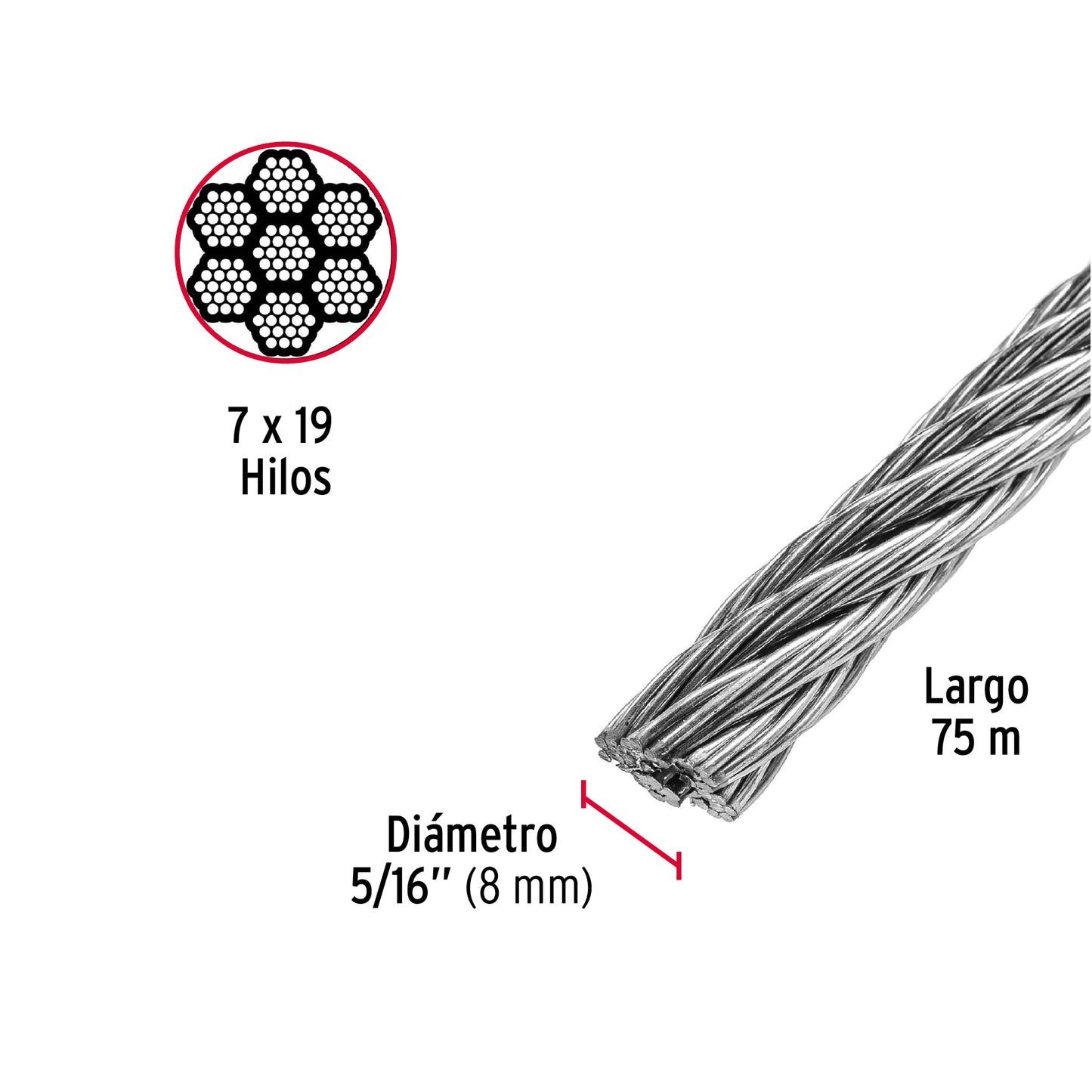 Metro de cable flexible 5/16' de acero 7x19 hilos, 75 m CAB-5/16F 48816 MM00